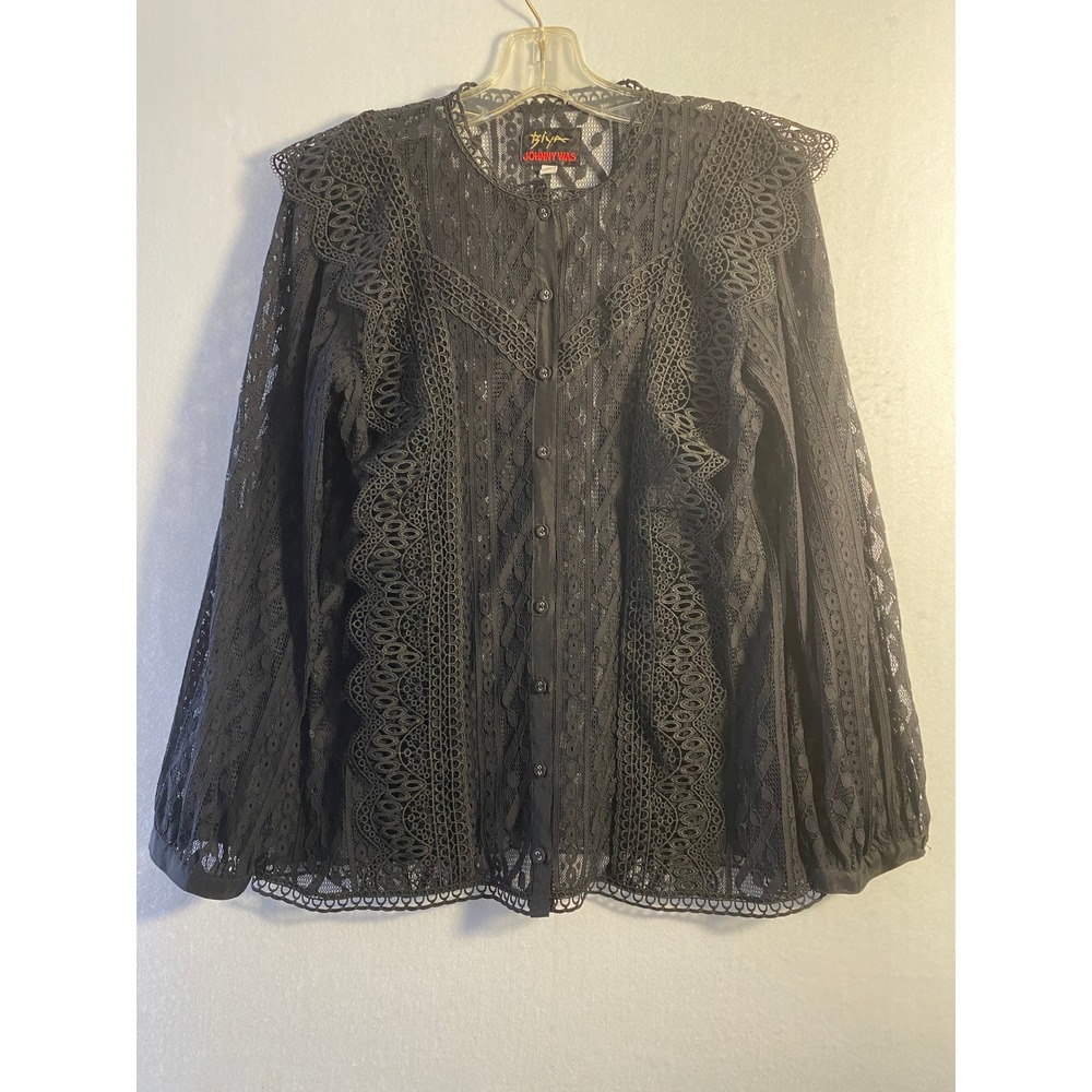 VTG Biya Johnny Was Black Lace Ruffle Button Down Blouse Top Medium